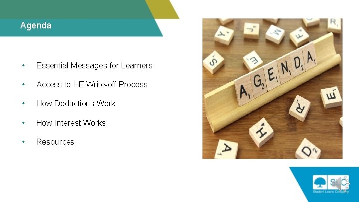 Agenda • Essential Messages for Learners • Access to HE Write-off Process • How