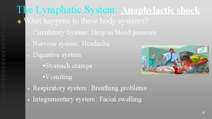 The Lymphatic System: Anaphylactic shock ◆ What happens to these body systems? ♦ Circulatory The Lymphatic System: Anaphylactic shock ◆ What happens to these body systems? ♦ Circulatory