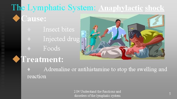 The Lymphatic System: Anaphylactic shock ◆Cause: ♦ ♦ ♦ Insect bites Injected drugs Foods The Lymphatic System: Anaphylactic shock ◆Cause: ♦ ♦ ♦ Insect bites Injected drugs Foods