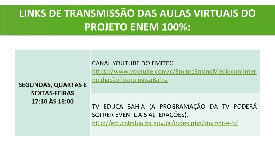 LINKS DE TRANSMISSÃO DAS AULAS VIRTUAIS DO PROJETO ENEM 100%: SEGUNDAS, QUARTAS E SEXTAS-FEIRAS