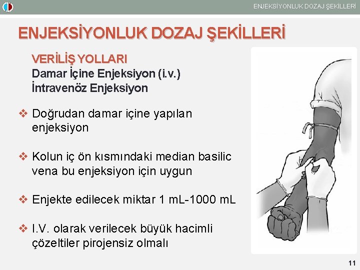 ENJEKSİYONLUK DOZAJ ŞEKİLLERİ VERİLİŞ YOLLARI Damar İçine Enjeksiyon (i. v. ) İntravenöz Enjeksiyon v