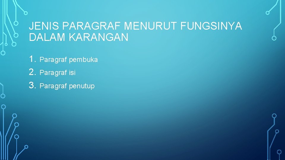 JENIS PARAGRAF MENURUT FUNGSINYA DALAM KARANGAN 1. 2. 3. Paragraf pembuka Paragraf isi Paragraf