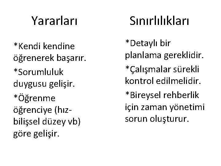 Yararları *Kendi kendine öğrenerek başarır. *Sorumluluk duygusu gelişir. *Öğrenme öğrenciye (hızbilişsel düzey vb) göre