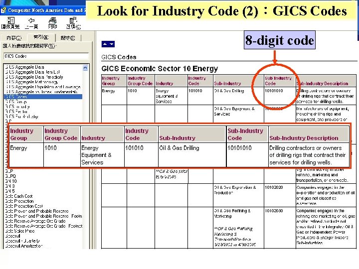 Look for Industry Code (2)：GICS Codes 8 -digit code 