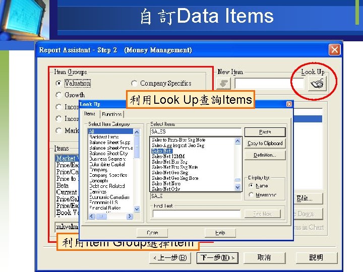 自訂Data Items 利用Look Up查詢Items 利用Item Group選擇Item 