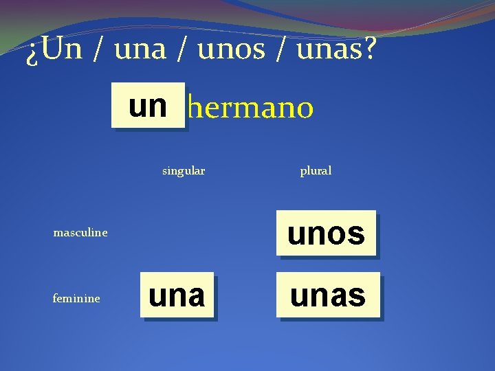 ¿Un / una / unos / unas? un hermano singular unos masculine feminine plural