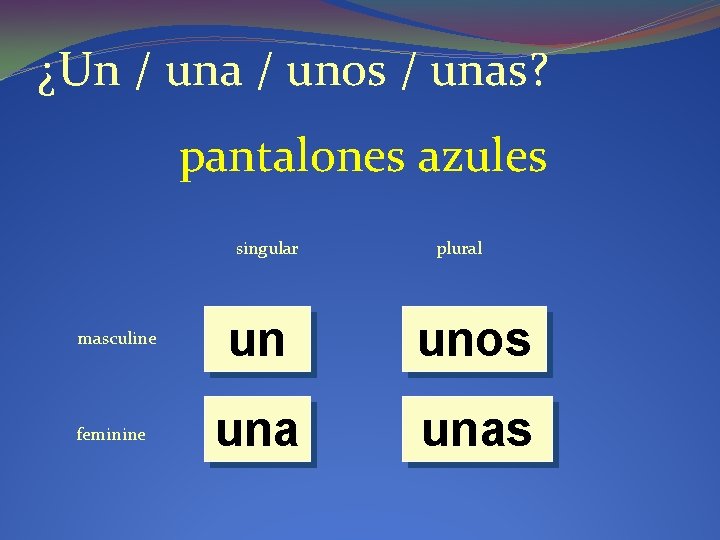 ¿Un / una / unos / unas? pantalones azules singular masculine feminine plural un