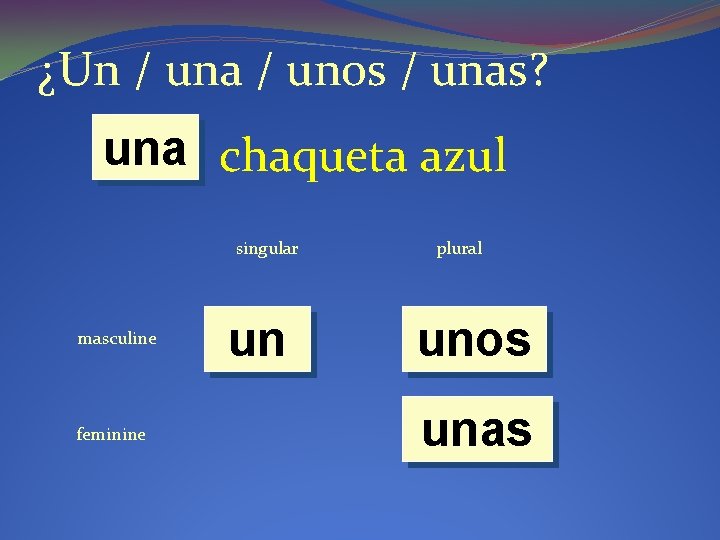 ¿Un / una / unos / unas? una chaqueta azul singular masculine feminine un