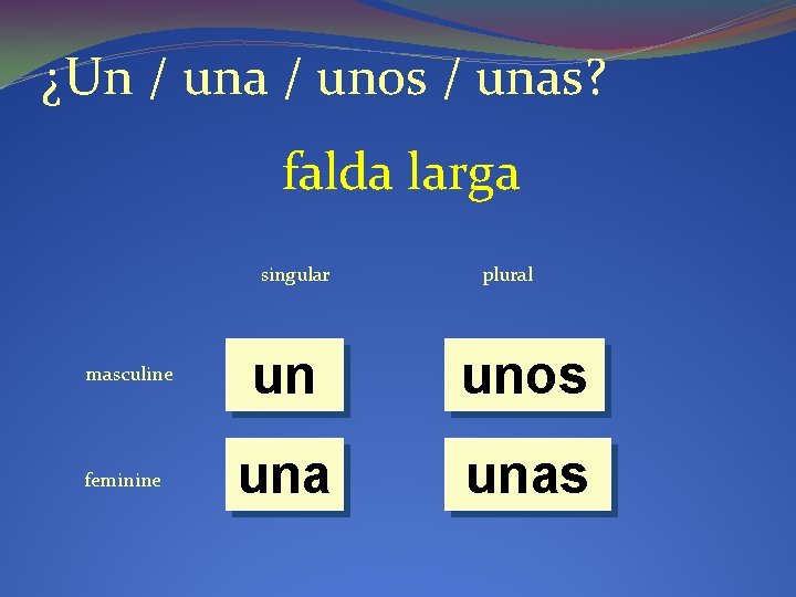 ¿Un / una / unos / unas? falda larga singular masculine feminine plural un