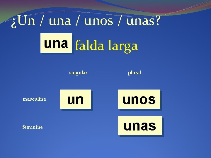 ¿Un / una / unos / unas? una falda larga singular masculine feminine un