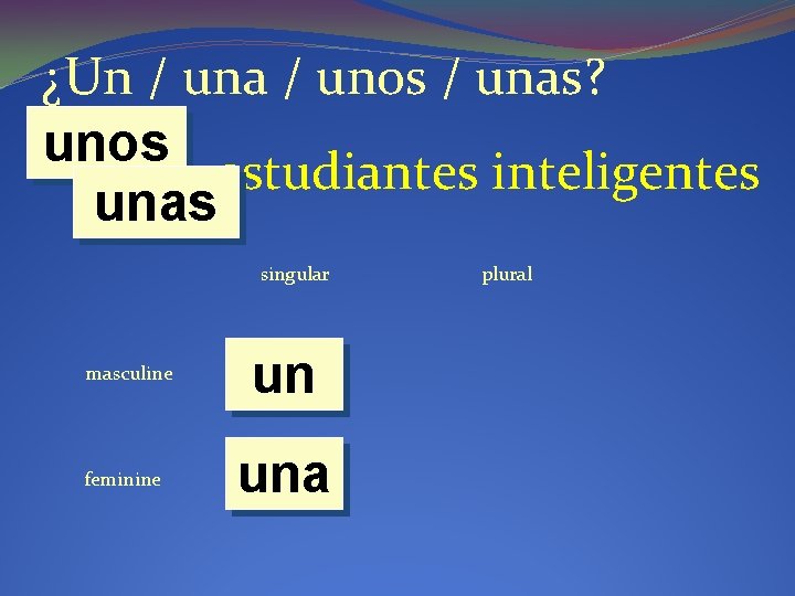¿Un / una / unos / unas? unos estudiantes inteligentes unas singular masculine feminine