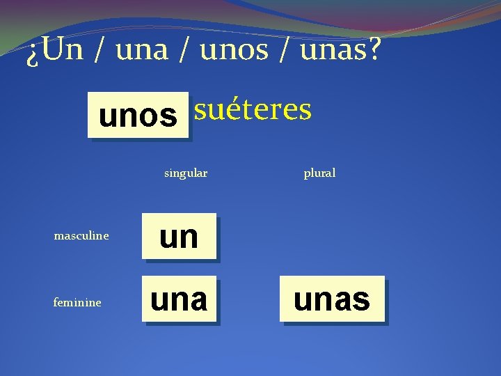 ¿Un / una / unos / unas? unos suéteres singular masculine feminine plural un
