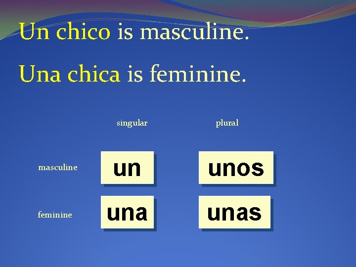 Un chico is masculine. Una chica is feminine. singular masculine feminine plural un unos