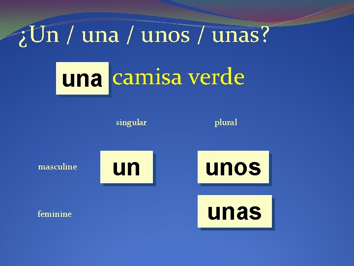 ¿Un / una / unos / unas? una camisa verde singular masculine feminine un
