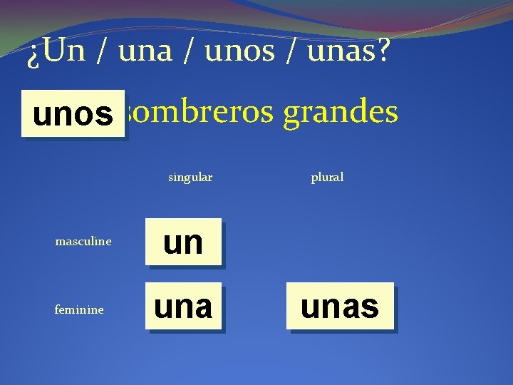 ¿Un / una / unos / unas? unos sombreros grandes singular masculine feminine plural