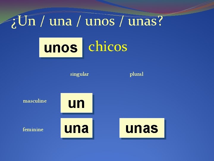¿Un / una / unos / unas? unos chicos singular masculine feminine plural un