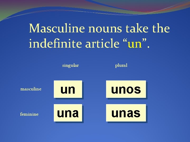 Masculine nouns take the indefinite article “un”. singular masculine feminine plural un unos unas