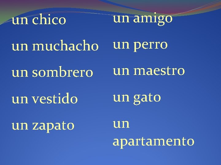 un chico un amigo un muchacho un perro un sombrero un maestro un vestido