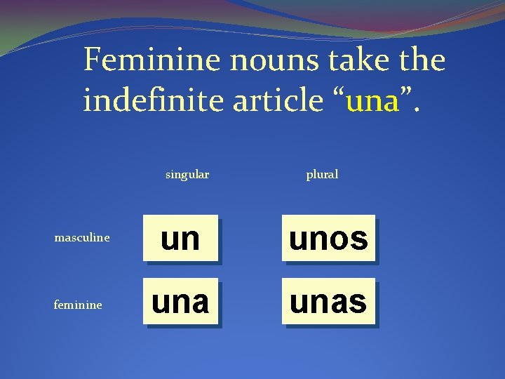 Feminine nouns take the indefinite article “una”. singular masculine feminine plural un unos unas