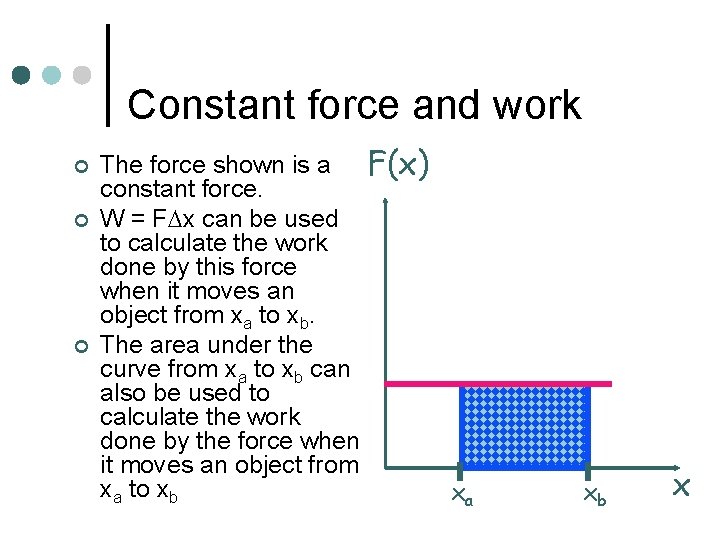 Constant force and work ¢ ¢ ¢ The force shown is a F(x) constant Constant force and work ¢ ¢ ¢ The force shown is a F(x) constant