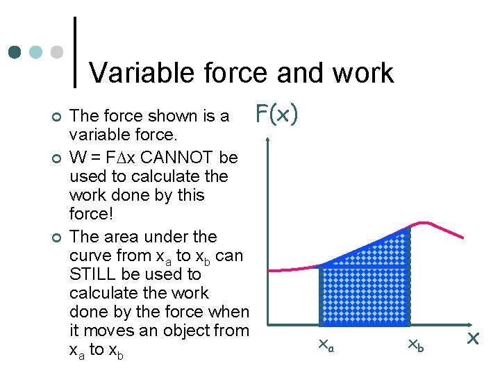 Variable force and work ¢ ¢ ¢ The force shown is a F(x) variable Variable force and work ¢ ¢ ¢ The force shown is a F(x) variable