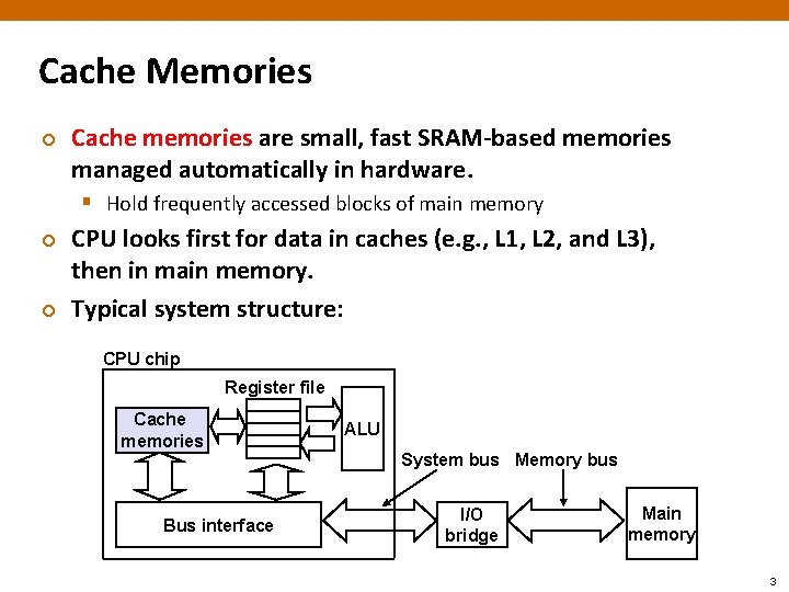 Cache Memories ¢ Cache memories are small, fast SRAM-based memories managed automatically in hardware.