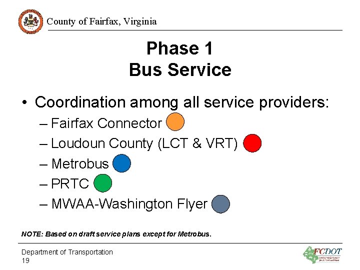 County of Fairfax, Virginia Phase 1 Bus Service • Coordination among all service providers: