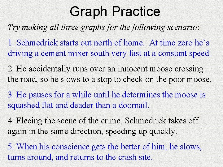 Graph Practice Try making all three graphs for the following scenario: 1. Schmedrick starts
