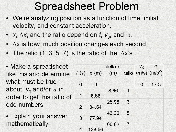 Spreadsheet Problem • We’re analyzing position as a function of time, initial velocity, and