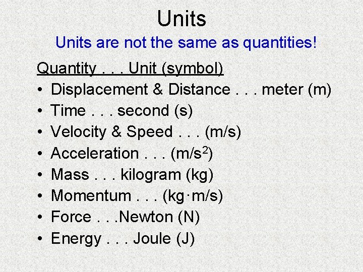 Units are not the same as quantities! Quantity. . . Unit (symbol) • Displacement