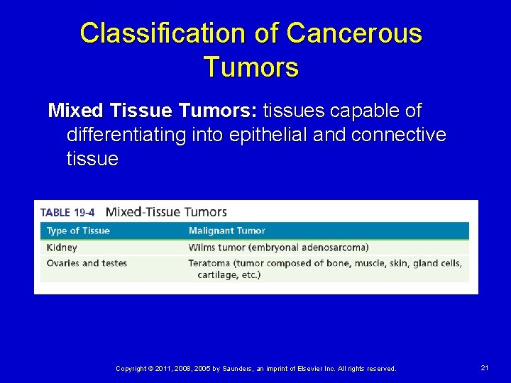 Classification of Cancerous Tumors Mixed Tissue Tumors: tissues capable of differentiating into epithelial and