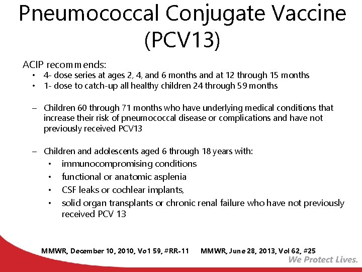 Pneumococcal Conjugate Vaccine (PCV 13) ACIP recommends: • 4 - dose series at ages