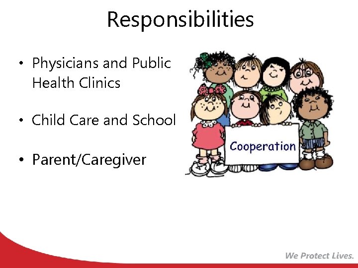 Responsibilities • Physicians and Public Health Clinics • Child Care and School • Parent/Caregiver