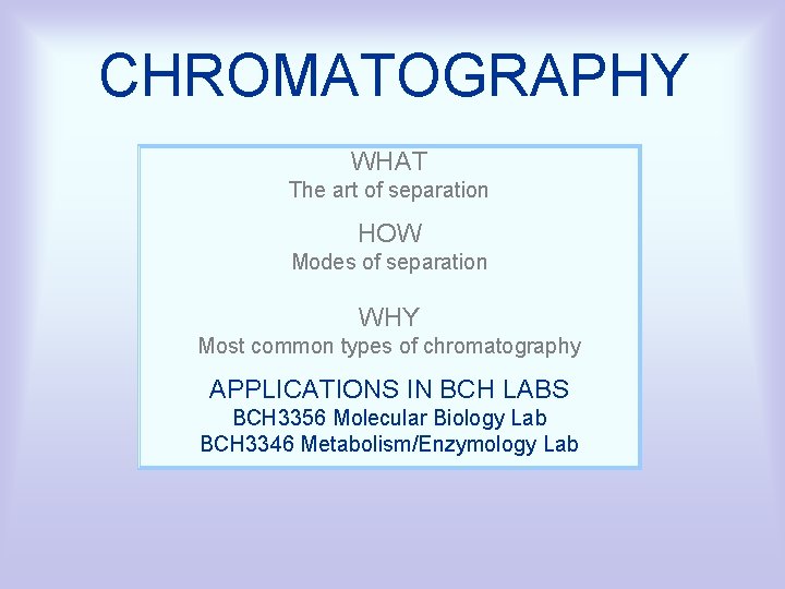 CHROMATOGRAPHY WHAT The art of separation HOW Modes of separation WHY Most common types