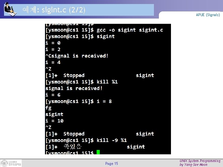 예제: sigint. c (2/2) APUE (Signals) Page 15 UNIX System Programming by Yang-Sae Moon