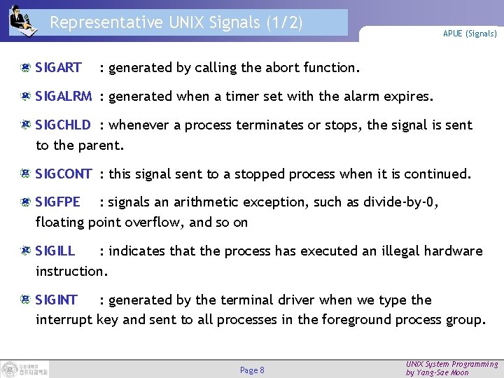Representative UNIX Signals (1/2) SIGART APUE (Signals) : generated by calling the abort function.