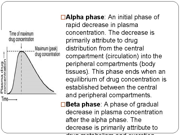 �Alpha phase: An initial phase of rapid decrease in plasma concentration. The decrease is