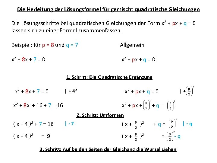 Die Herleitung der Lösungsformel für gemischt quadratische Gleichungen Die Lösungsschritte bei quadratischen Gleichungen der