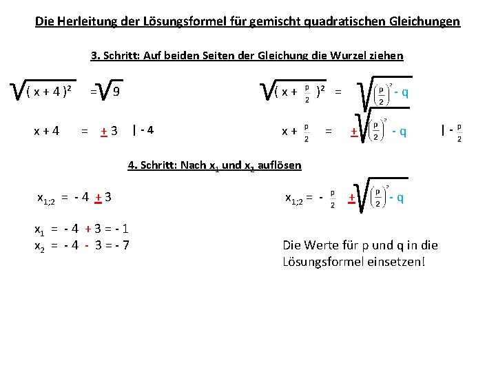 Die Herleitung der Lösungsformel für gemischt quadratischen Gleichungen 3. Schritt: Auf beiden Seiten der