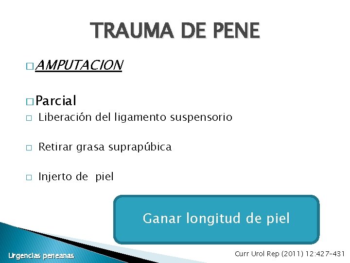TRAUMA DE PENE � AMPUTACION � Parcial � Liberación del ligamento suspensorio � Retirar TRAUMA DE PENE � AMPUTACION � Parcial � Liberación del ligamento suspensorio � Retirar