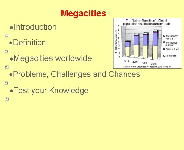 Megacities ·Introduction ·Definition ·Megacities worldwide ·Problems, Challenges and Chances ·Test your Knowledge 