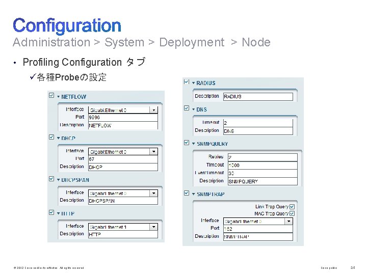 Administration > System > Deployment > Node • Profiling Configuration タブ ü各種Probeの設定 © 2012