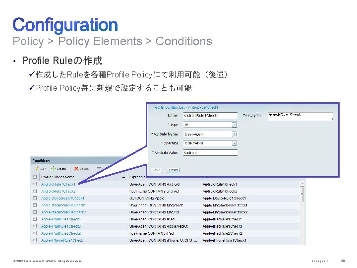 Policy > Policy Elements > Conditions • Profile Ruleの作成 ü作成したRuleを各種Profile Policyにて利用可能（後述） üProfile Policy毎に新規で設定することも可能 ©