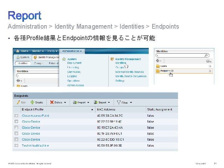 Administration > Identity Management > Identities > Endpoints • 各種Profile結果とEndpointの情報を見ることが可能 © 2012 Cisco and/or