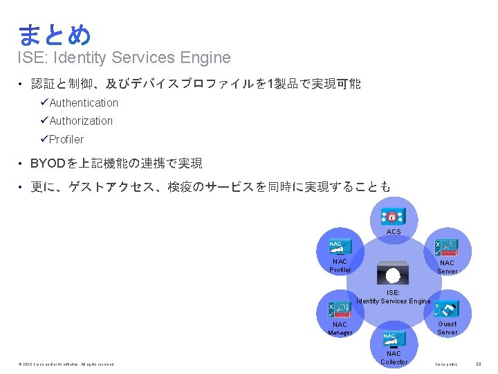 ISE: Identity Services Engine • 認証と制御、及びデバイスプロファイルを 1製品で実現可能 üAuthentication üAuthorization üProfiler • BYODを上記機能の連携で実現 • 更に、ゲストアクセス、検疫のサービスを同時に実現することも