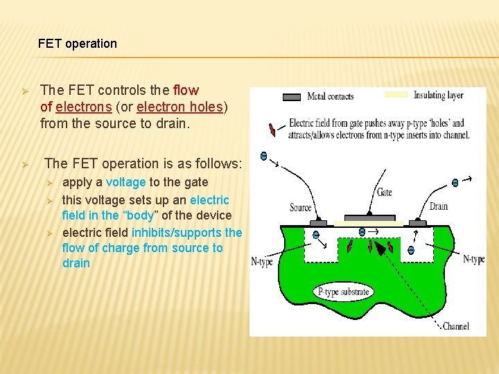 FET operation Ø Ø The FET controls the flow of electrons (or electron holes)