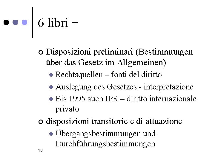 6 libri + ¢ Disposizioni preliminari (Bestimmungen über das Gesetz im Allgemeinen) Rechtsquellen –