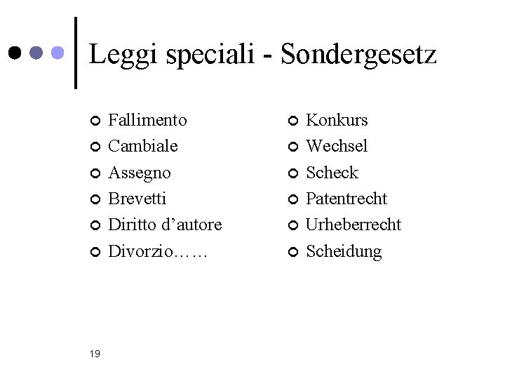 Leggi speciali - Sondergesetz ¢ ¢ ¢ 19 Fallimento Cambiale Assegno Brevetti Diritto d’autore