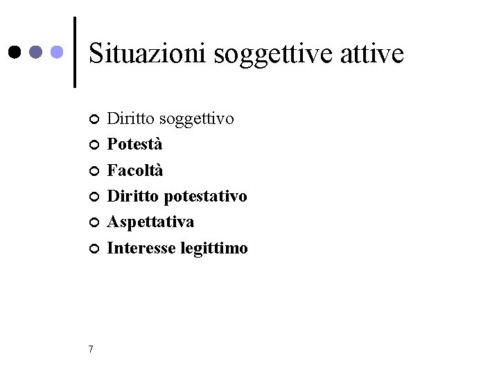 Situazioni soggettive attive ¢ ¢ ¢ 7 Diritto soggettivo Potestà Facoltà Diritto potestativo Aspettativa