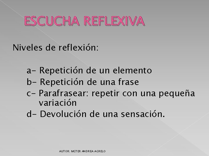 ESCUCHA REFLEXIVA Niveles de reflexión: a- Repetición de un elemento b- Repetición de una